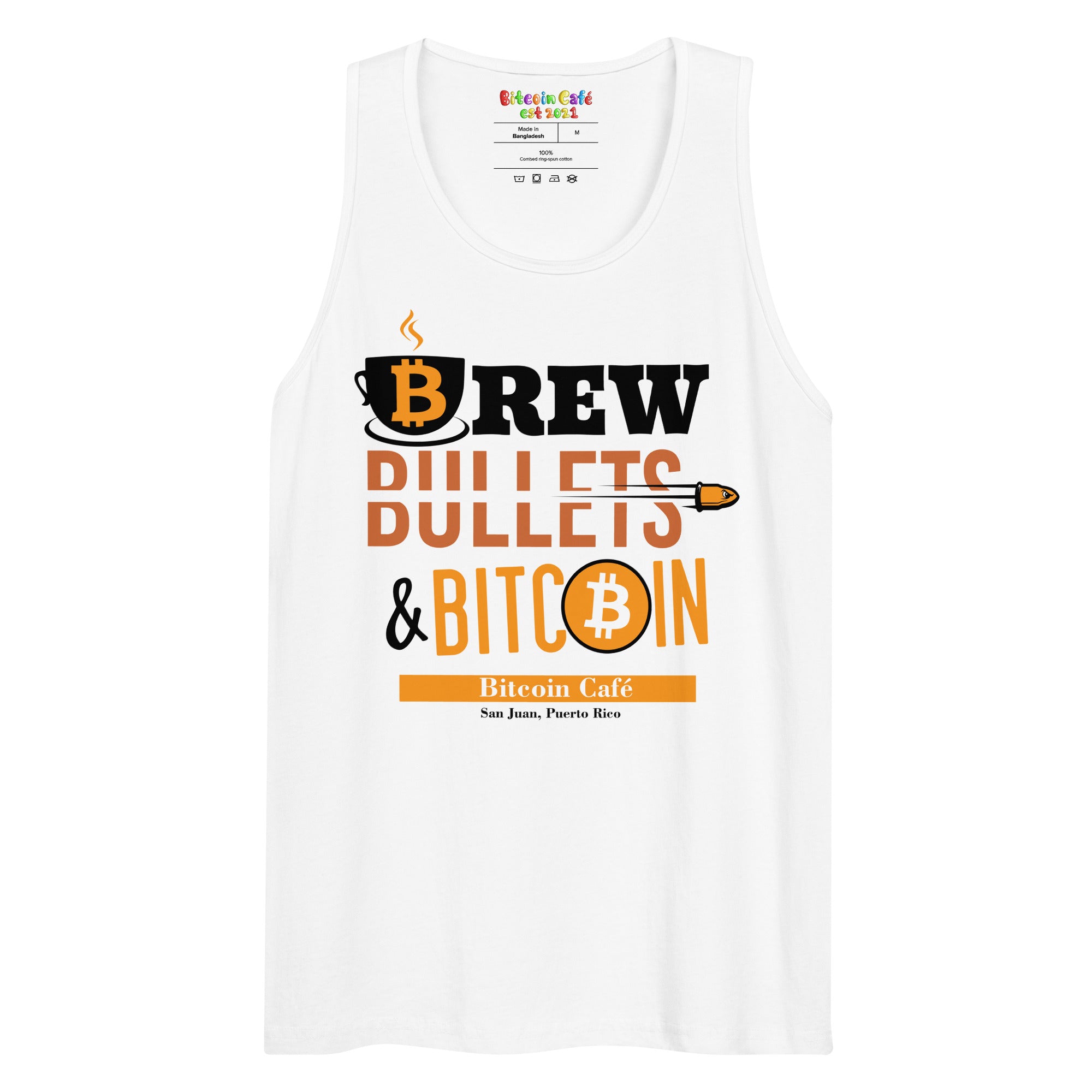 Brew Bullets & Bitcoin Black Lettering Men’s premium tank top